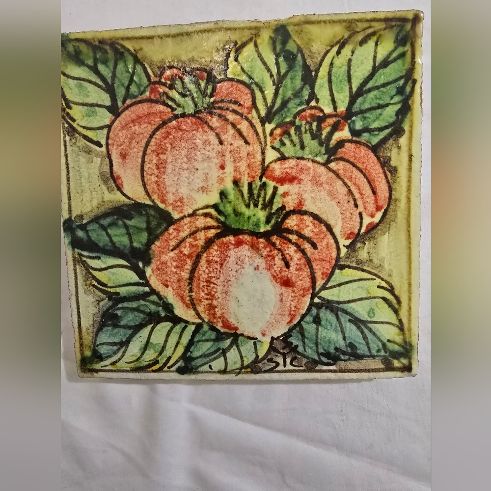 Handcrafted Ceramic Tile with Orange Floral Design